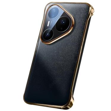 Imagem de LTLMYDAM Capa de revestimento para Huawei Pura 80 Ultra/80 Pro/80Pro+/80, Capa de couro genuíno de luxo sem moldura galvanizada com borda dourada fina, azul, 80 Ultra/80 Pro