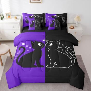 Imagem de Jogo de edredom solteiro fofo de gato preto com lençol (roxo e preto) | Jogo de cama de 7 peças para casais amantes, romântico, gatos kawaii, animais de estimação