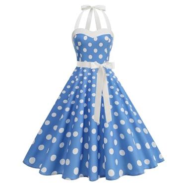 Imagem de HAPNBCELE Vestido vintage anos 1950 para mulheres, vestidos de festa de chá, frente única, bolinhas, piqueniques, férias de verão, roupas de praia, caimento justo, Azul, M