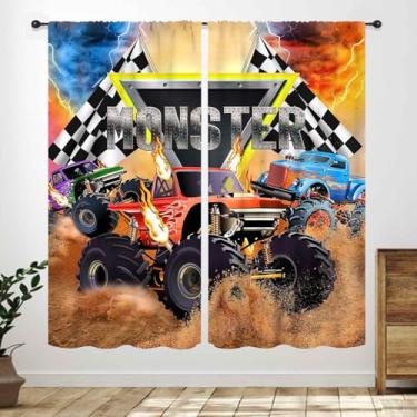 Imagem de Lnepty Cortinas de caminhão para quarto de meninos, carro de corrida de desenho animado colorido divertido legal competição esportiva bandeira tratamentos de janela para quarto de crianças