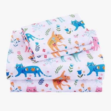 Imagem de Viviland Jogo de lençol completo com 4 peças de gato rosa - microfibra macia com elástico e fronha - Jogo de cama infantil com estampa floral colorida - para crianças e crianças pequenas