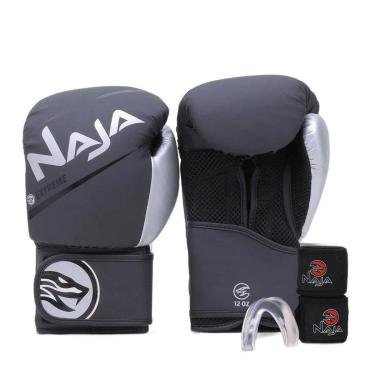 Imagem de Kit Naja Luva Boxe/Muay Thai Extreme + Bandagem 3Mt + Bucal - Preto/Prata - Tam 14Oz-Unissex