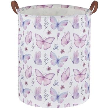 Imagem de DDBASKET Cesto de lavanderia infantil, cesto de borboleta, para berçário, meninas, fofo, organizador de caixote de armazenamento, decoração de quarto para casa (borboleta de flor)