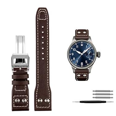 Imagem de EPANO Pulseira de relógio com rebites de couro genuíno para IWC Big Pilot Spitfire relógio com fivela dobrável de couro de vaca pulseira masculina 21 mm 22 mm (Cor: fecho prateado marrom, tamanho: 21