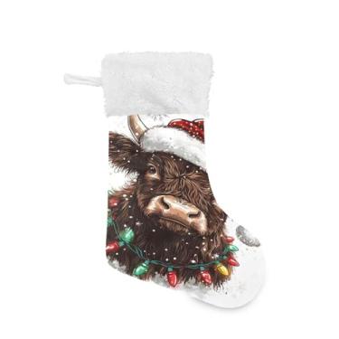 Imagem de Wassud Meias de Natal de vaca Highland com chapéu de Papai Noel, meias grandes de Natal de 45,7 cm, com punho branco, decoração de férias, pacote com 2