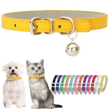 Imagem de Coleira dourada para cães pequenos com sino para coleira de cachorro de couro sintético com sinos ajustável coleira básica para gatinhos meninos meninas coleira para gatos para XXS XXsmal XS XSmall