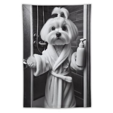 Imagem de Tapeçaria de roupão maltês preto branco cena de chuveiro bonito animal de estimação arte pendurar na parede decoração de casa de banho quarto ambiente alegre tapeçaria 102 x 152 cm