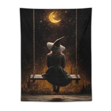 Imagem de Tapeçaria mágica de Halloween bruxa no balanço lua crescente dourada céu estrelado decoração de parede sala de estar quarto decoração de casa exclusivo pendurado têxtil 76 x 101 tapeçaria