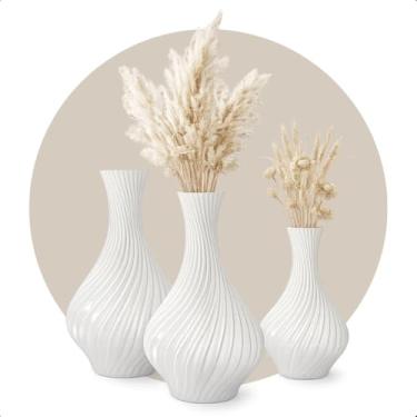 Imagem de Kit 3 vaso decorativo para sala branco pequeno medio grande planta artificial para sala semelhante a cerâmica centro de mesa moderno jantar redondo espiral flor sempre viva trigo casamento premium