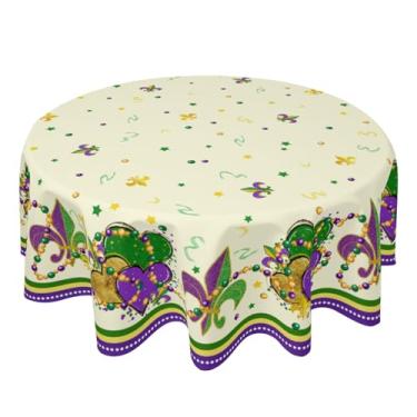 Imagem de Kawani Toalha de mesa roxa Mardi Gras Toalha de mesa redonda creme primavera 152 cm Carnaval Flor de Lis toalha de mesa para decoração de cozinha de fazenda, tecido de poliéster, capa de mesa para