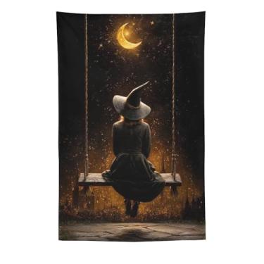Imagem de Tapeçaria mágica de Halloween bruxa no balanço lua crescente dourada céu estrelado decoração de parede sala de estar quarto decoração de casa enfeite exclusivo têxtil pendurado 152 x 232 cm tapeçaria