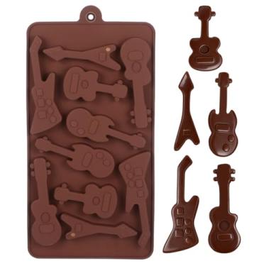 Imagem de BESTonZON Moldes de silicone para chocolate, moldes de silicone de 10 cavidades para lanches e gelo, moldes de cozimento em forma de guitarra baixo, formas de cubos de gelo, moldes de chocolate de
