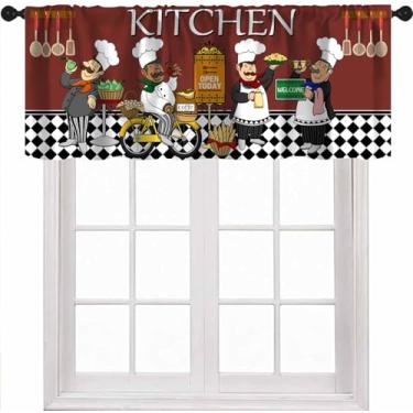 Imagem de DKMQQUL Cortinas de saia de chef, engraçado Country Fat Chef Buffalo xadrez xadrez casa de fazenda rústica pequena cortina de janela curta sanefas para cozinha, sala de jantar, sala de estar