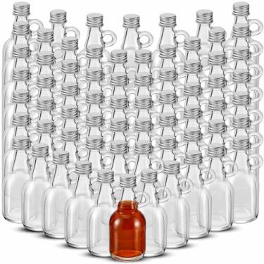 Imagem de Suclain 64 frascos pequenos de xarope de vidro de 50 ml com tampas de alumínio e alça de laço de vidro transparente reutilizável frascos de xarope de bordo frascos de amostra robustos para suco de