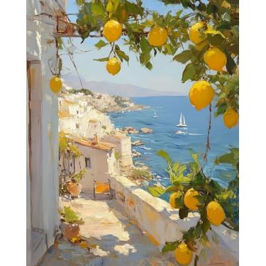 Imagem de GXGLLPZBY Kit de pintura por números para adultos iniciantes, pintura de limão para casa do mar, fácil para adultos, kits de pintura por números em tela, pintura acrílica com números a óleo para