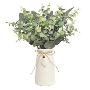 Imagem de Hastes de eucalipto prata artificial em vaso de cerâmica branca, palitos de eucalipto falso de 35,5 cm de altura com laço de barbante e pingente de coração de madeira, vegetação completa para
