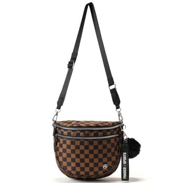 Imagem de Pander Bolsa tiracolo para mulheres, bolsa de ombro de nylon para uso diário com chaveiro, alça ajustável, Marrom xadrez meia-noite, Medium