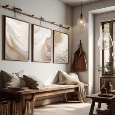 Imagem de 3 peças de arte de parede abstrata geométrica bege impressão em tela pôster pintura imagens para sala de estar decoração de casa com moldura interna de madeira