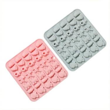 Imagem de Pacote com 2 moldes de chocolate rosa e azul-cinza para chá de bebê, moldes de silicone para pés de bebê, mamadeira, chupeta, macacão, carruagem, urso - Perfeito para decorações de festa