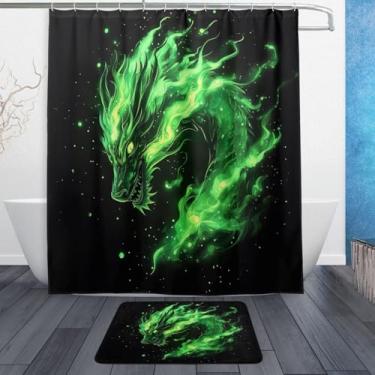Imagem de xigua Conjunto de tapetes de cortina de banho de dragão verde chama, 2 peças, conjunto temático de banheiro (152 x 182 cm) com cortina de chuveiro e tapete antiderrapante -12 ganchos233