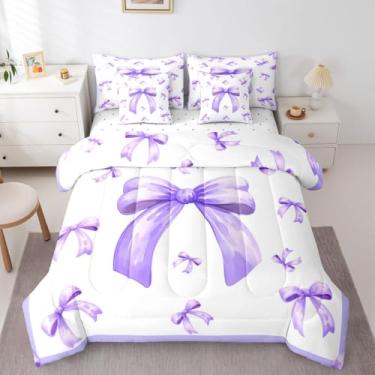 Imagem de Erosebridal Conjunto de edredom kawaii com laço kawaii, tamanho solteiro, 7 peças, gravata borboleta rosa, decoração de quarto, roupa de cama princesa com lençol