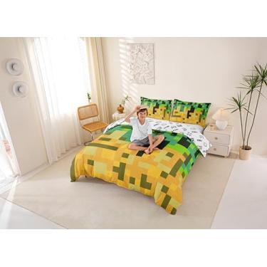 Imagem de Manfei Conjunto de capa de edredom infantil Pixelated Miners, tamanho Queen, xadrez geométrico, videogame, decoração moderna de sala de jogos, capa de colcha verde amarela, 2 fronhas (sem edredom)