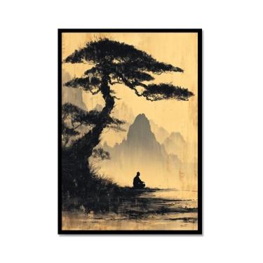 Imagem de Pôster de arte de parede de Buda Zen sombrio Bodhi Pintura de árvore de meditação solidão impressão em tela estilo chinês vintage arte de parede espiritual decoração de escritório doméstico (SKU2,12 x