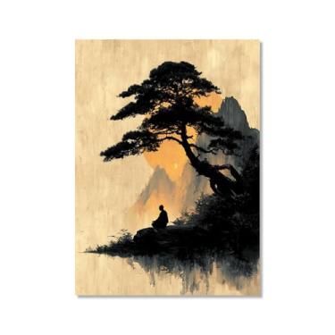 Imagem de Pôster de arte de parede de Buda Zen sombrio Bodhi Pintura Árvore Solidão Meditação Impressão em Tela Estilo Chinês Vintage Arte de Parede Espiritual Decoração de Escritório em Casa (SKU3,16x24") =
