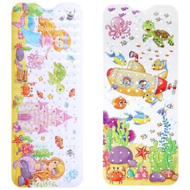 Imagem de Tapete de banho de bebê antiderrapante 101,6 x 40,6 cm tapete de banho bonito com ventosa orifícios de drenagem lavável na máquina tapete de chuveiro para banheira, banheiro crianças (2, A+B)