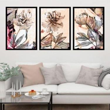 Imagem de Kit 3 Quadros Flores Neutras 45X34Cm Com Vidro Moldura Preta