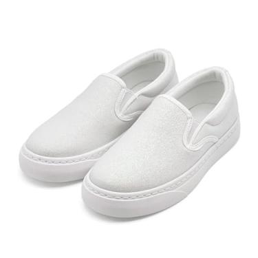 Imagem de Tênis infantil para meninas e meninos, cano baixo, sem cadarço, de lona, casual, confortável, sem cadarço, moderno, colorido, glitter, caminhada, corrida, salto plano, tênis branco, Branco, 10 Little