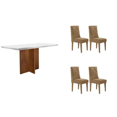 Imagem de Conjunto: Mesa de Cozinha Berlim Curvo 120cm + 4 Cadeiras Pietá Naturale/Off White - Linho Bege - Rufato