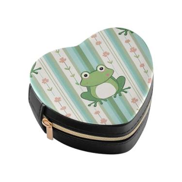 Imagem de Burbuja Caixa de joias em forma de coração com listras de sapo, mini estojo de viagem para mulheres e meninas, organizador portátil de armazenamento para brincos, anéis, colares e pulseiras