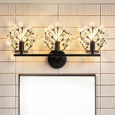 Imagem de TOCHIC Luminária de banheiro de cristal preto de 3 luzes, luminárias modernas de banheiro de fazenda de 69 cm sobre o espelho, lâmpada de parede regulável para lavabo, armários, sala de estar, quarto