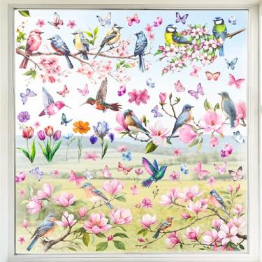 Imagem de 9 Folhas Vibrantes Primavera Jardim Flor Dupla Face Adesivos Adesivos de Janela Selvagens Borboletas Florais Anti-Colisão Vidro Portas Decalques