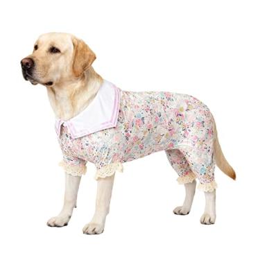 Imagem de LovinPet Pijama de cachorro grande para meninos - Pijama para cães de recuperação de feridas/cirurgia, camiseta leve para cães grandes, estampa de jardim de flores de primavera, roupas Pitbull para