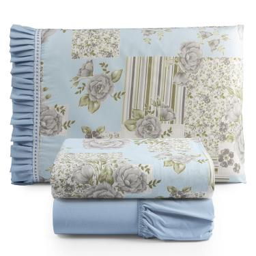 Imagem de Jogo Cama Lençol Fiore Solteiro Estampado 180 Fios 100% Algodão com Babadinho 3 Peças Azul Floral