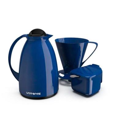 Imagem de Kit Garrafa Termica Café Prático Com Açucareiro Com Colher E Suporte Para Filtro - Azul