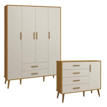 Imagem de Cômoda Com Porta E Guarda Roupa Infantil 4 Portas Isis Areia Acetinado Savana - Reller