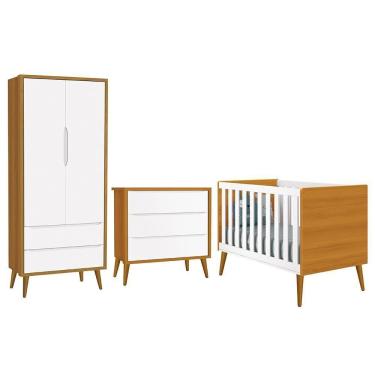 Imagem de Dormitório Infantil Theo Retrô 2 Portas, Cômoda E Berço Branco/savana Com Pés Amadeirado - Reller Móveis Branco/savana