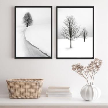 Imagem de Kit 2 Quadros Paisagens Neve Árvores 45x34cm - Vidro e Moldura Branca