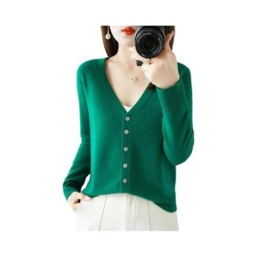 Imagem de Cardigã Feminino De Tricô Com Decote Em V 2025  Suéter Casaco Elegante