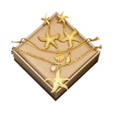 Imagem de Conjunto De Colar E Brincos Com Pingente De Estrela-do-mar Dourada Par