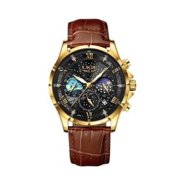 Imagem de Relógio Esportivo Masculino De Couro Genuíno LIGE 2024 Luxuoso Militar