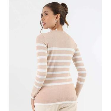 Imagem de Suéter Feminino Tricô Listrado Pérolas Marisa Bege-53393, Bege, G