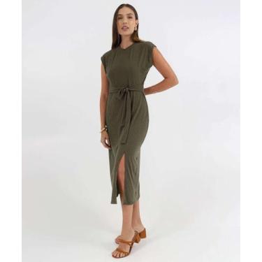 Imagem de Vestido Feminino Canelado Amarração Fenda Marisa Verde-27031, Verde, P
