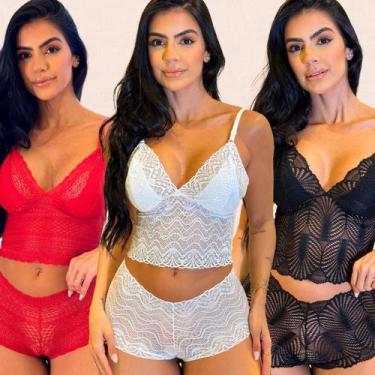 Imagem de Kit 3 Conjuntos Lingerie Sem Bojo Cropped Renda Calcinha Caleçon - Lik