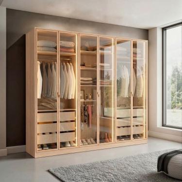 Imagem de Guarda-roupa Casal Mdf 6 Portas com Led Marseille Carvalho Natural/Cinza