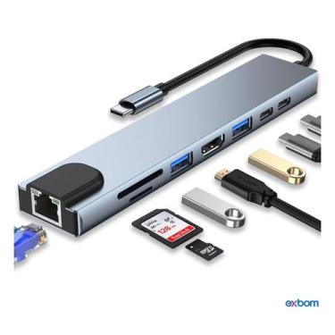 Imagem de Hub USBC 8 em 1 Exbom HDMI 4K RJ45 2x USB 3.0 2x USB 2.0 SD TF PD para