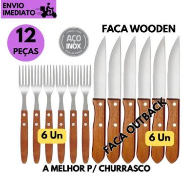 Imagem de Kit 12 Pçs 6 Facas Jumbo Tipo Outback 6 Garfo Cabo Madeira Resistente 